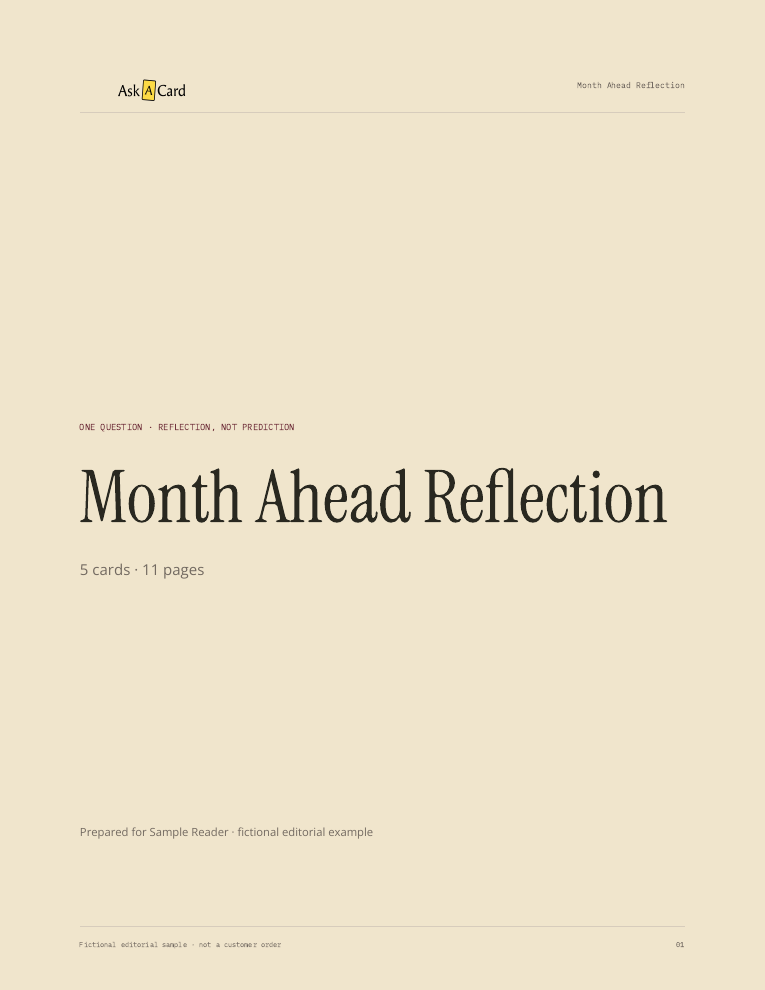 Month Ahead Reflection editorial PDF cover with a fictional sample question