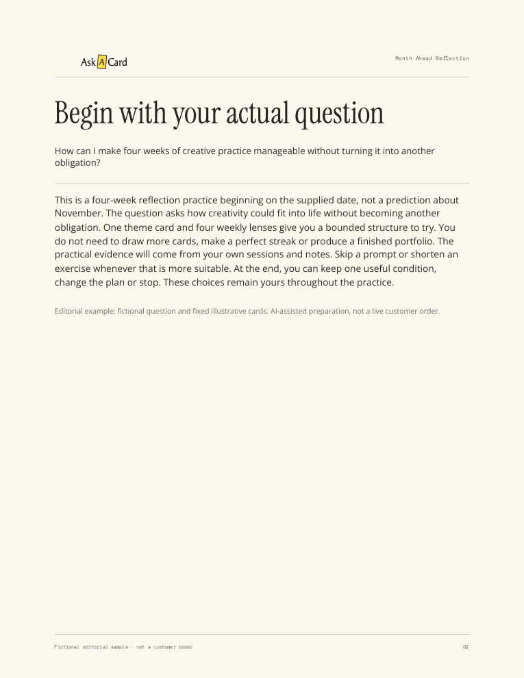 Month Ahead Reflection sample report page 02: Question and method